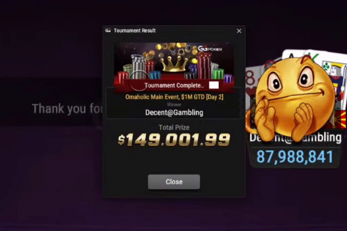 PokerPro Member ‘Decent@Gambling’ Wins GGs Omaholic Main Event for $149,001!