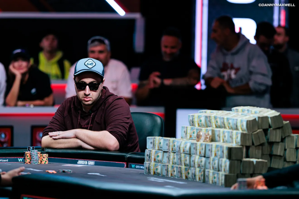 Runner-up Jordan Griff eyes the big prize during a hand in late-stage action from the 2024 Main Event