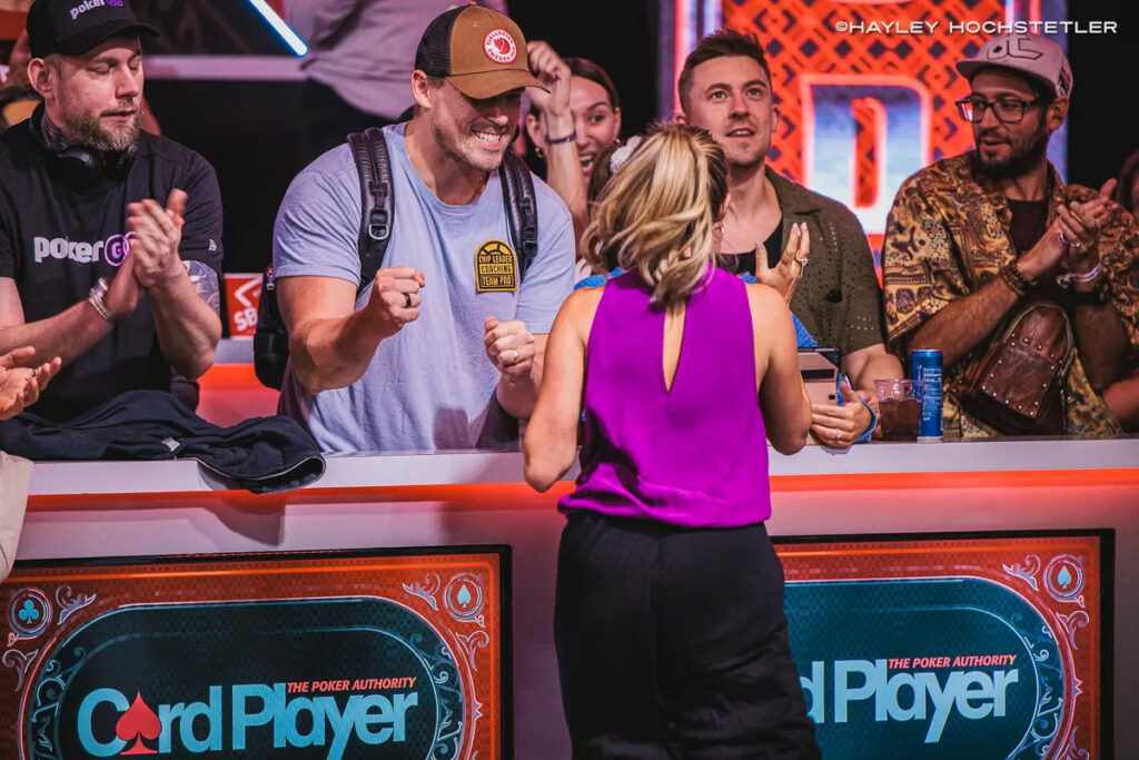 Alex Foxen reacts to a river card saving his wife Kristen in her bid to become the first woman to win the Main Event