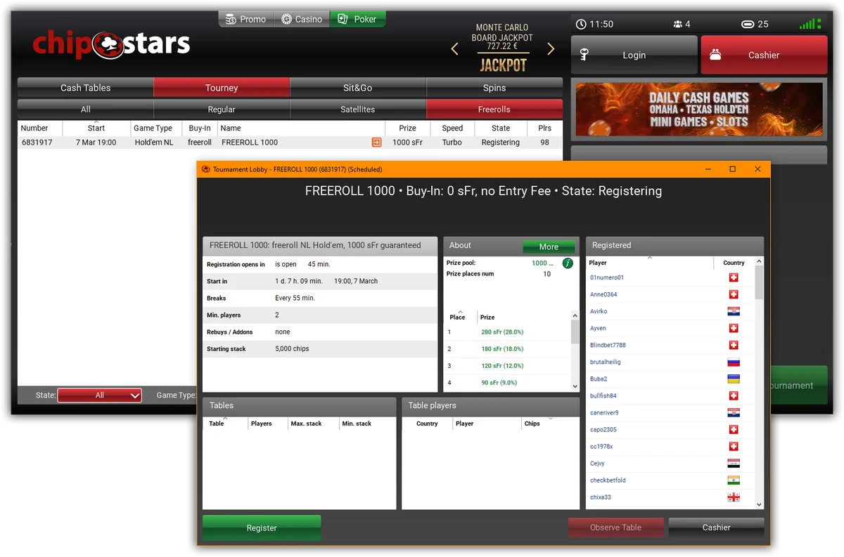 1,000 CHF Freeroll this Sunday March 7 on Chipstars Poker